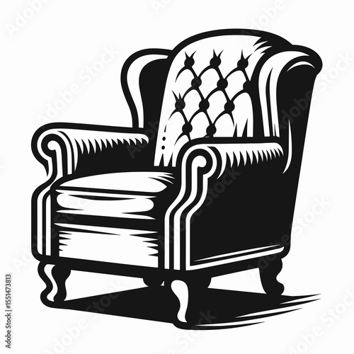 Club Chair. Furniture Interior Decoration Cartoon Animal Clipart Line Art Vector Illustration. Comfy lounge seat den armchair relaxation room furnishing for the home.