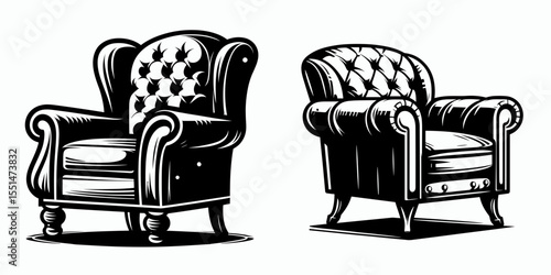 Club Chair. Furniture Interior Decoration Cartoon Animal Clipart Line Art Vector Illustration. Comfy lounge seat living room furniture home relaxation armchair den design.