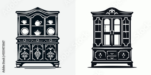 China Cabinet. Furniture Interior Decoration Cartoon Animal Clipart Line Art Vector Illustration. Display case home for dishes glassware and dining room item storage.