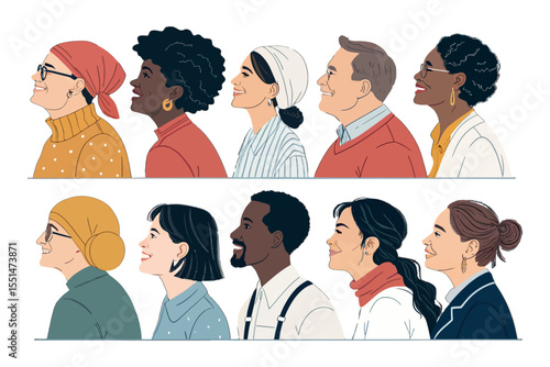 Diverse Profiles United: A series of side-profile portraits of diverse individuals, each embodying unique features and expressions, showcasing the beauty of human diversity and inclusion.
