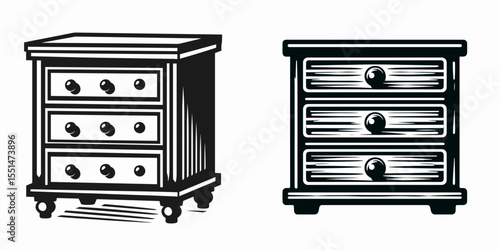 Chest of Drawers. Furniture Interior Decoration Cartoon Animal Clipart Line Art Vector Illustration. Bedroom unit vertical dresser for clothing and personal storage.