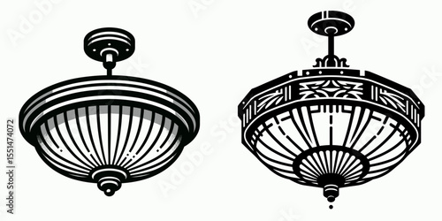 Ceiling Light. Furniture Interior Decoration Cartoon Animal Clipart Line Art Vector Illustration. Overhead illumination fixture room glow device for home and office decor.
