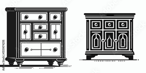 Cabinet. Furniture Interior Decoration Cartoon Animal Clipart Line Art Vector Illustration. Storage unit for home work a chamber items display.