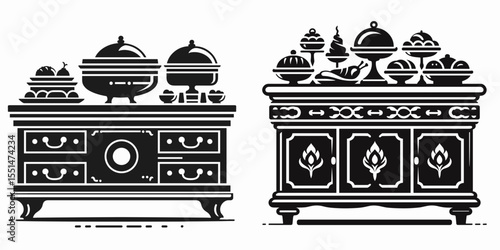 Buffet. Furniture Interior Decoration Cartoon Animal Clipart Line Art Vector Illustration. Unlimited dining selection all you can eat meal eatery with varied cuisine.