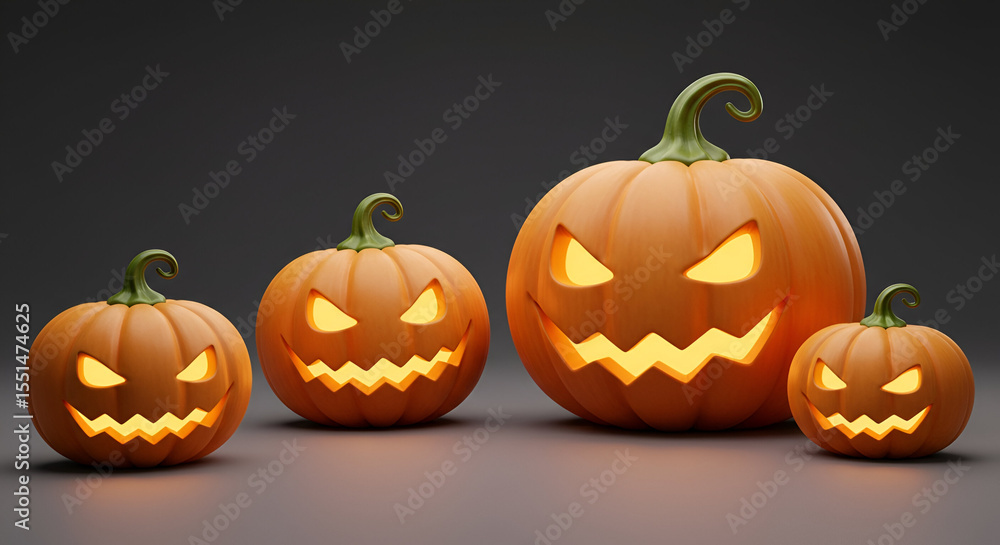 Three illuminated jack-o'-lantern pumpkins of varying sizes in a studio setting. Spooky Halloween decoration with a dark gray background. Three illuminated jack-o'-lantern pumpkins of varying sizes in a studio setting. Spooky Halloween decoration with a dark gray background.
