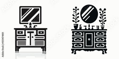 Bathroom Vanity. Furniture Interior Decoration Cartoon Animal Clipart Line Art Vector Illustration. Bath cabinet fixture for home restroom furniture lavatory design.