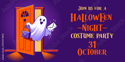 Halloween ghost by the door. Happy Halloween party greeting card with cute ghost. Ghost outside door. Spooky banner template. Halloween Promotion Poster. Halloween night seen. Ghost envelope character