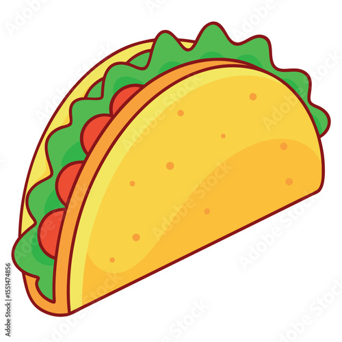 Cartoon taco with lettuce and tomatoes isolated on white background