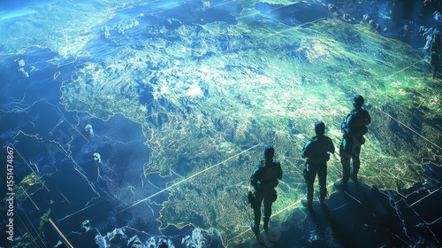 Futuristic Soldiers Overlooking Digital Map of Earth Landscape