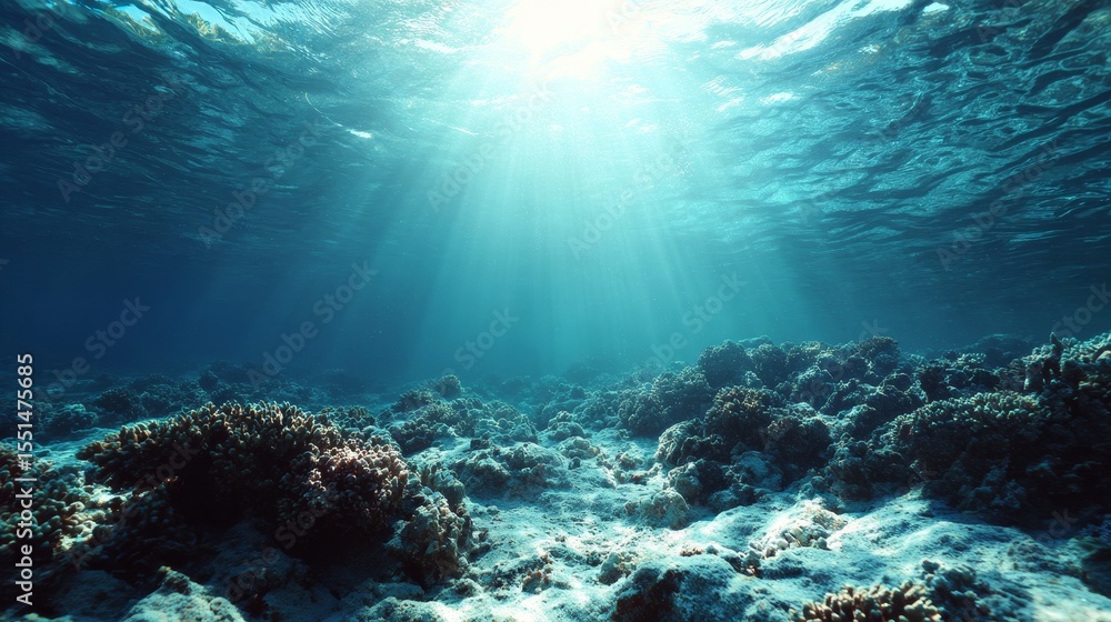 Fototapeta premium Underwater ocean view with beautiful seabed, sunlight beams penetrating through clear blue water, illuminating sand, rocks, coral reef, marine plants. Peaceful aquatic landscape with natural ecosystem