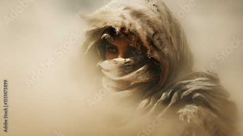 desert nomad enduring sandstorm face