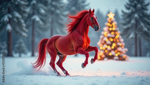 red horse galloping through snowy forest with christmas tree. happy new year postcard
