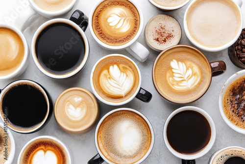 Beautiful coffee art collection in a flat lay arrangement