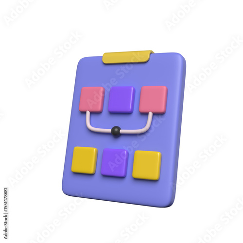 3d illustration of a colorful flowchart on a purple clipboard with a black background