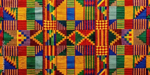 Vibrant geometric patterns woven into a colorful fabric, showcasing intricate designs and shapes, kente cloth design, geometric patterns