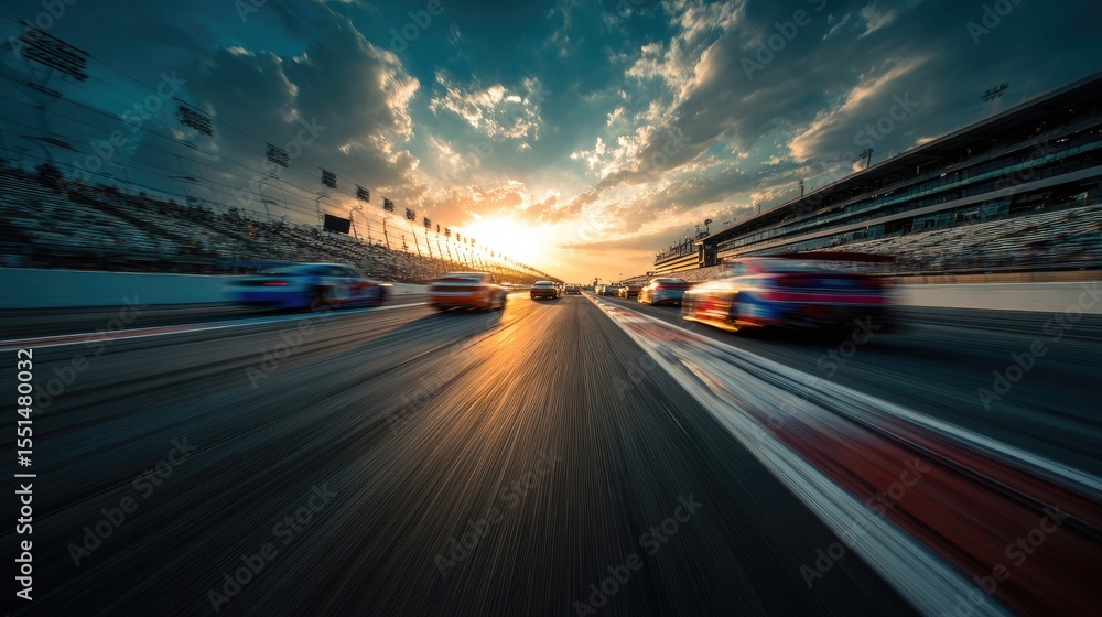 Obraz premium Fast-paced Formula 1 race car speeds through a stadium at sunset.