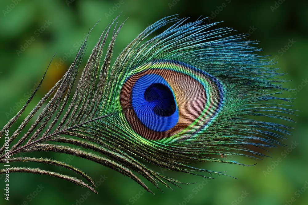Obraz premium Peacock feather with vibrant eyespot detailed barbules and green backdrop