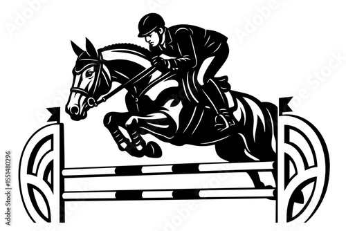 Equestrian rider jumping over hurdle on horse in black and white illustration style