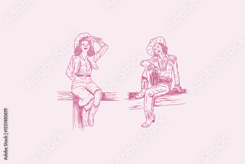 Retro Cowgirl Duo Sitting on Fence – Vintage Western Feminine Illustration classic western charm with relaxed femininity. Ideal for feminine rodeo themes, retro posters, or fashion prints.