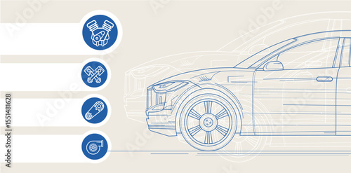 passenger car, vehicle inspection, engine, radiator, timing belt, car repair – template, banner, infographic –