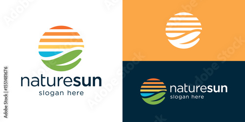 Creative simple nature sun logo template. Leaf with sun logo design vector illustration.
