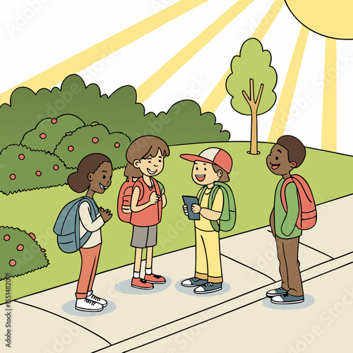 Children waiting for the school bus on a sunny morning
