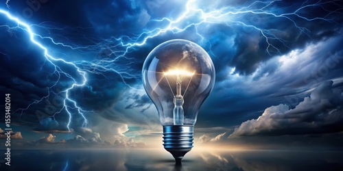 Electric light bulb with a lightning bolt striking it, surrounded by dark clouds and a bright blue sky
