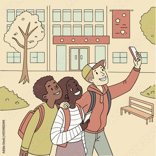 Students taking selfies together on the first day of school