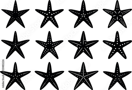 Collection of black starfish isolated on white background in various shapes and designs