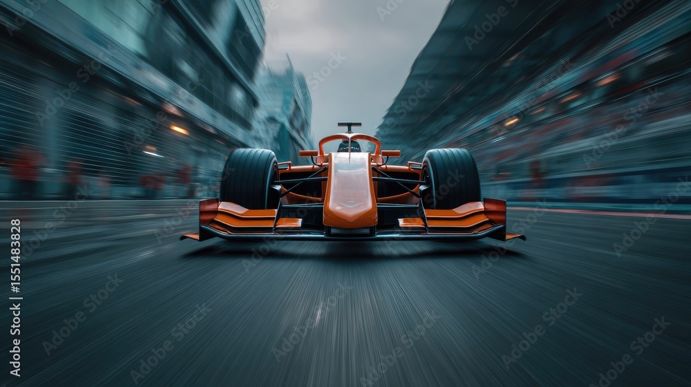 Fototapeta premium Fast Orange Formula One Car Racing on a Track