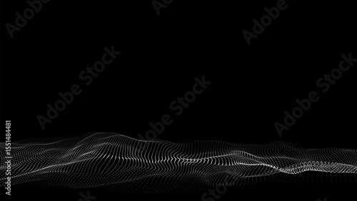 Futuristic digital wave. Dark cyberspace. Abstract vector wave with dots. White moving particles on a black background.