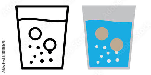 Minimalist illustration of two dissolving tablets with rising bubbles in water—shown in outline and color versions—ideal for pharmaceutical or effervescent medicine themes.