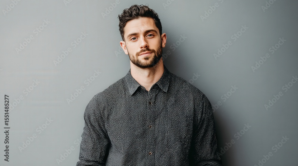 Obraz premium Confident Young Man Posing Against a Gray Background in Casual Attire