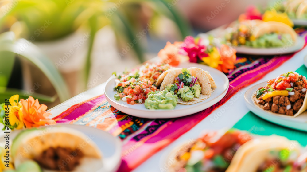 Cinco de Mayo celebration with vibrant tacos and guacamole, perfect for festive background Cinco de Mayo celebration with vibrant tacos and guacamole, perfect for festive background