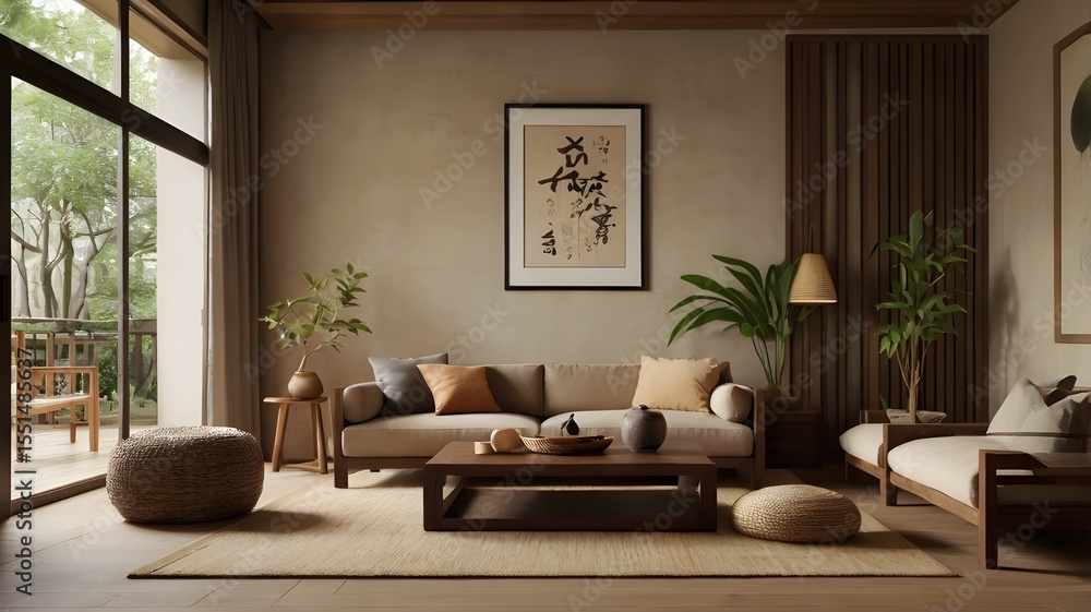 Fototapeta premium Japandi Living Room with Natural Light and Minimalist Decor