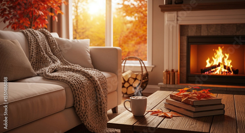 living room with fireplace in autumn