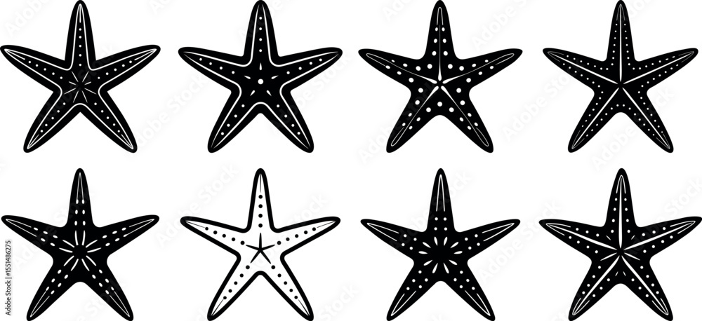 Fototapeta premium Collection of eight black starfish with different patterns isolated on white background