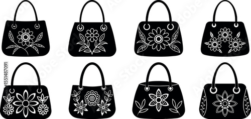Collection of fashionable handbags with floral designs isolated on white background
