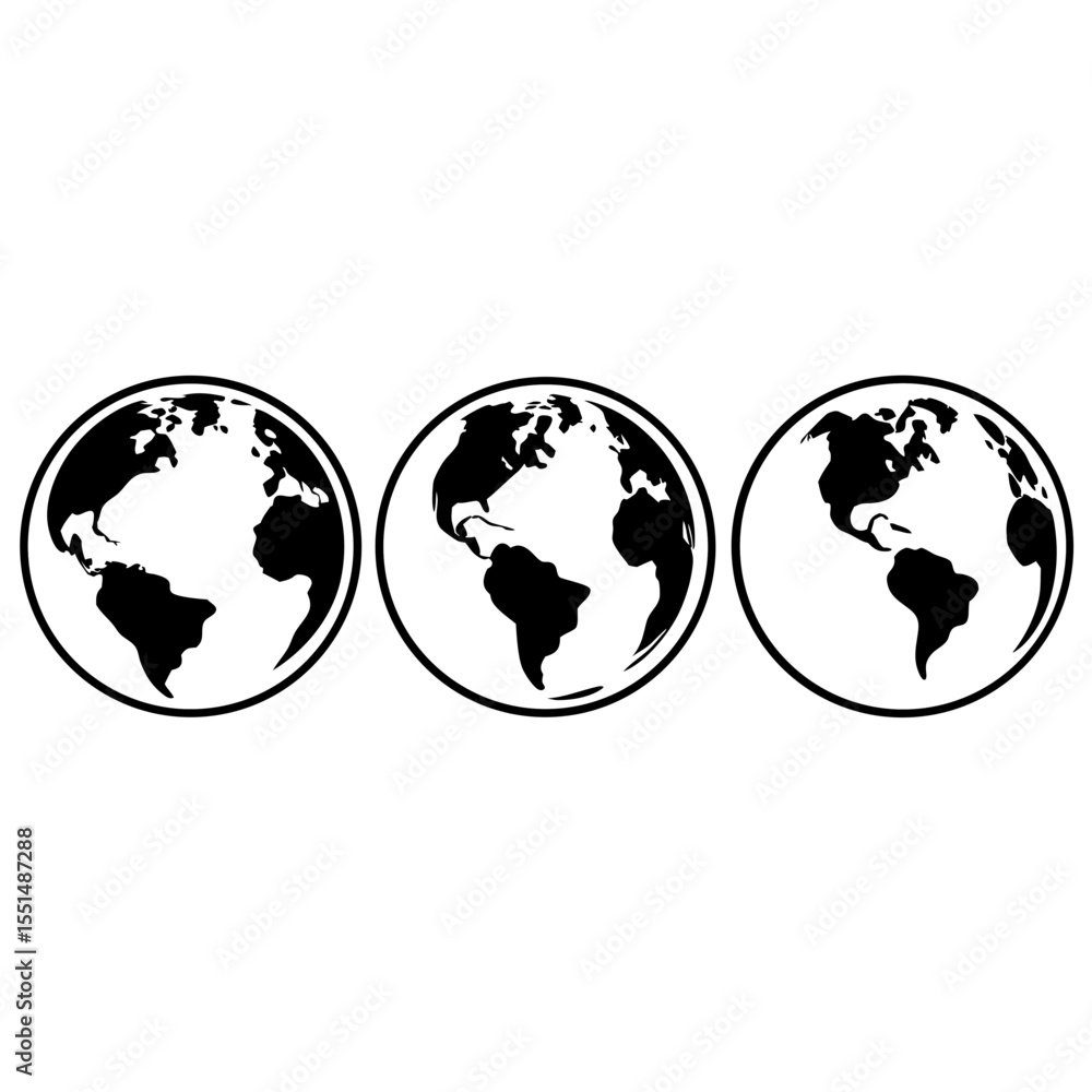 Fototapeta premium Three Simple Black and White Earth Globes stylized