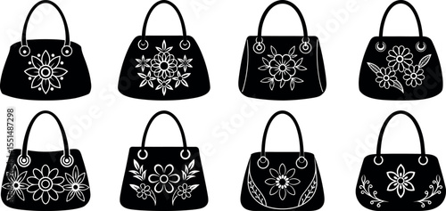 Collection of fashionable handbags with floral designs isolated on white background