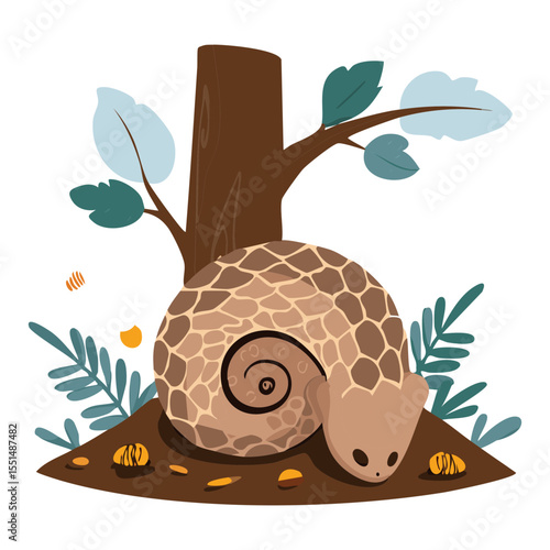 Pangolin Curled by Tree with Autumn Leaves