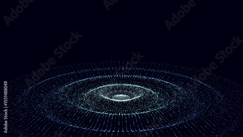 Futuristic circle wave. Vector dark cyberspace. Abstract music sound wave with dots. White moving particles on blue background.