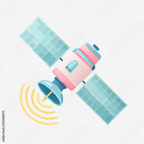A stylized satellite with solar panels emits radio waves set against a neutral background