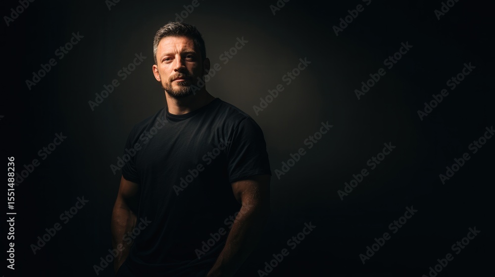 Naklejka premium Confident Man in Dark T-Shirt Against a Dramatic Background