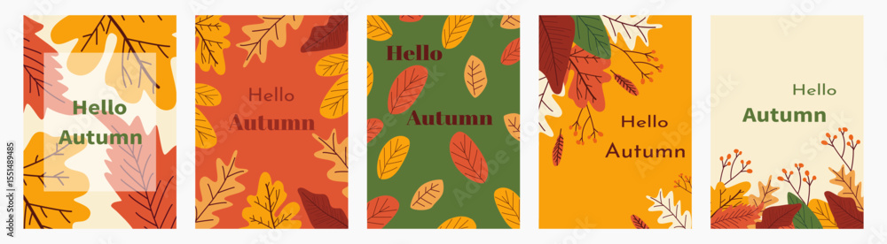 Obraz premium Beautiful autumn cards. Set of autumn cards with falling leaves. Hello autumn, set of autumn card designs with colorful leaves. Vector illustration for printing, background and design.