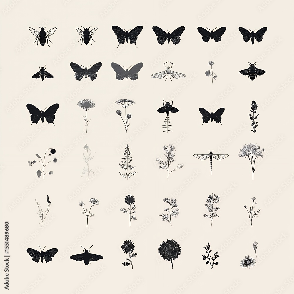 Obraz premium A collection of butterflies and flowers in black and white. The butterflies are of various sizes