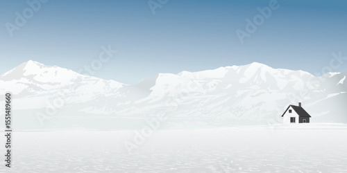 Winter landscape with mountain ranges and lonely country house covered by white snow have blue sky background graphic illustration.