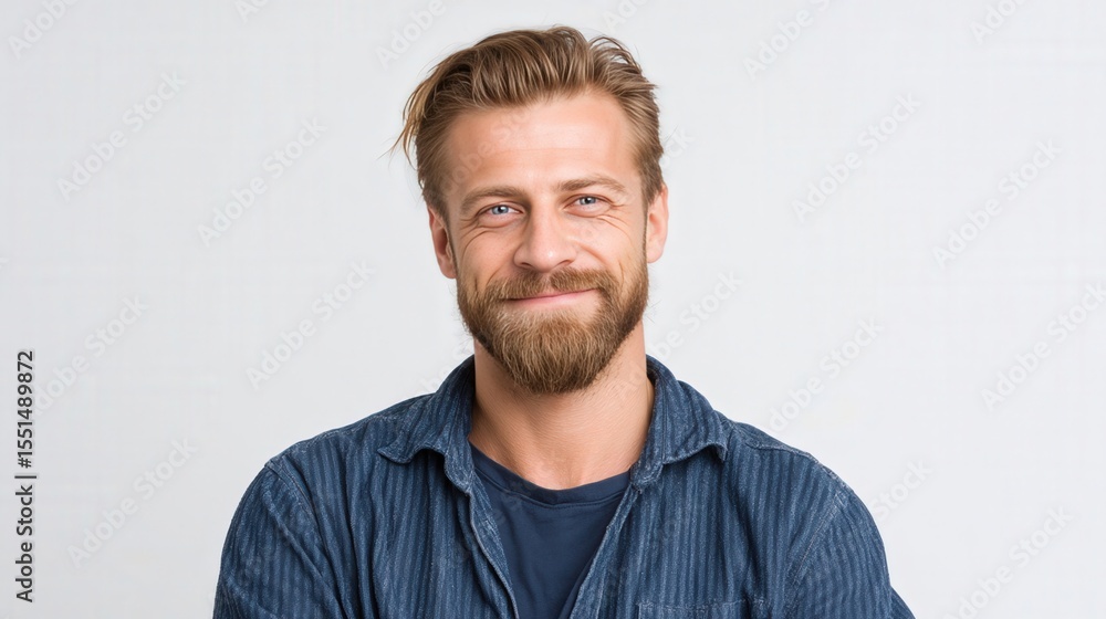 Fototapeta premium Confident Young Man with Beard Smiling Against a Neutral Background