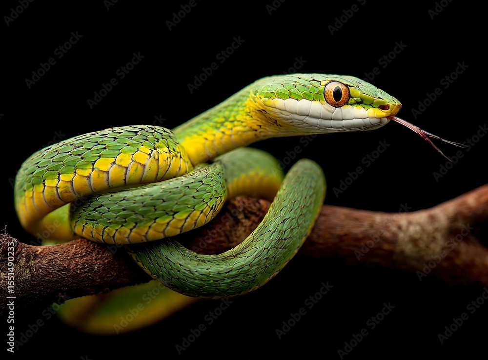 Fototapeta premium A green and yellow snake coiled on a tree branch with its tongue out, isolated against a black background.