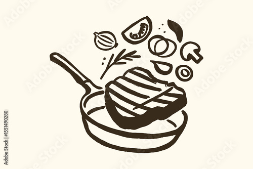 Steak in frying pan naive bold ink sketch vector illustration